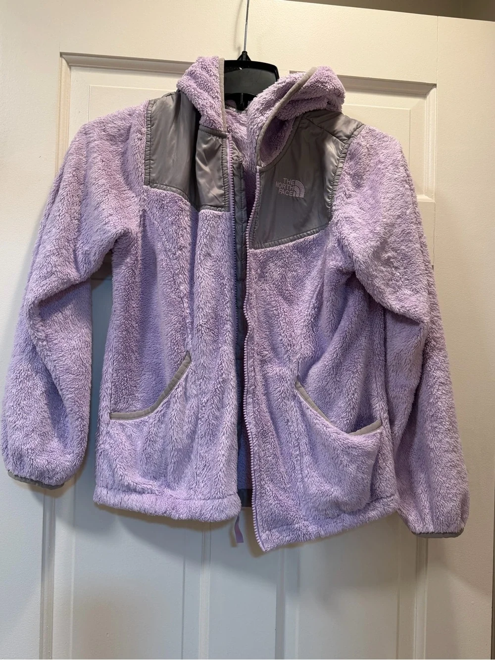 The North Face Kids Lavender Hooded Fleece Jacket with Gray Accents